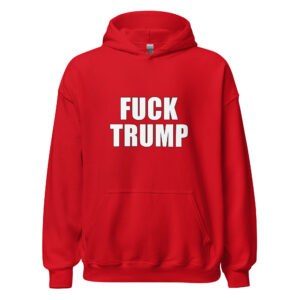 Red Gildan 18500 hoodie with FUCK TRUMP lettering, official Printful front mockup