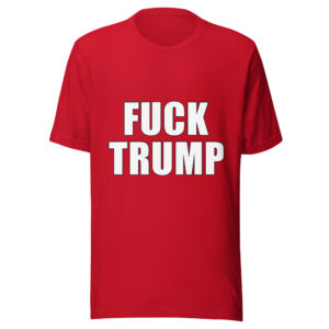 Red Bella + Canvas 3001 T-shirt, official Printful front mockup with FUCK TRUMP lettering