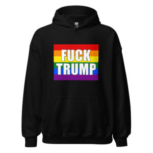 Black Gildan 18500 hoodie with FUCK TRUMP rainbow print, official Printful front mockup