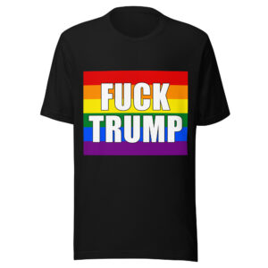 Black Bella + Canvas 3001 T-shirt, official Printful front mockup with FUCK TRUMP rainbow print